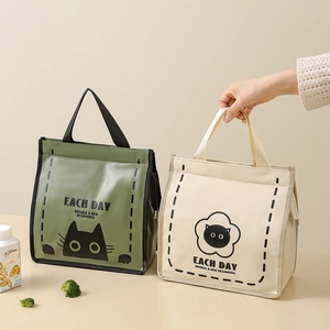 Minimalist insulated lunch bag with cartoon cat pattern and sturdy fabric handles