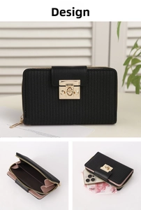 Détail du portefeuille long en cuir PU tressé avec fentes pour cartes et poche téléphone