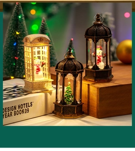 Three vintage Christmas lanterns with snowmen and trees in a warm festive setting