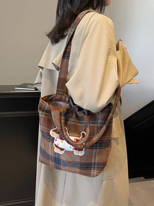 Brown plaid wool tote bag with cute cartoon dog embroidery and long shoulder strap