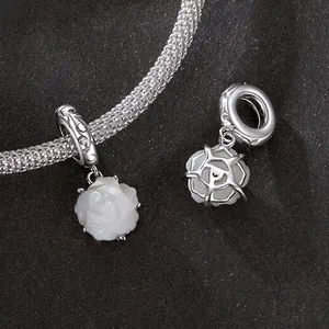 925 sterling silver white rose charms set on snake chain necklace for women jewelry