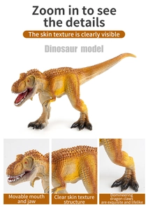 Vista detallada del juguete T-Rex con mandíbula móvil y texturas de piel realistas