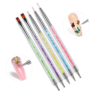Set di 5 pennelli per nail art a doppia punta con manici in cristallo colorato