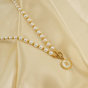 18K gold plated stainless steel OT buckle necklace with pearl shell letter B pendant