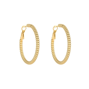 Macro shot of 18K gold plated stainless steel hoop earrings with spiral twist texture