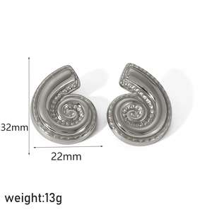 Polished silver swirl earrings with detailed 32mm by 22mm dimension measurements