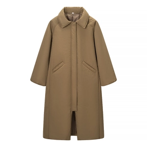 Women Long Puffer Jacket Lapel Collar Raglan Sleeve Loose Fit Solid Color Cotton Padded Coat Casual Warm Outerwear