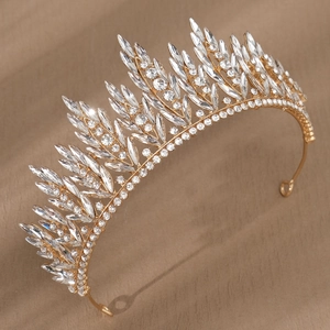 Detailed view of luxury bridal tiara with marquise-cut rhinestones and gold alloy