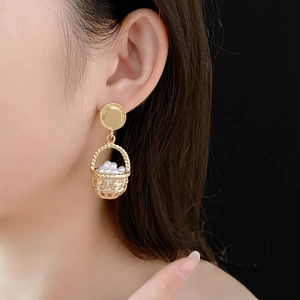 Vintage hollow basket earrings with faux pearls and golden woven texture for women