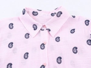 Détail d'une chemise à rayures roses avec broderie paisley bleue et col à pointes classique