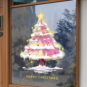 Pink Christmas Tree Window Cling Static PVC Sticker Glue Free Double Sided Color Holiday Glass Door Decoration Art Style