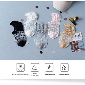 Close-up of five pairs of floral lace mesh invisible socks with cotton toe and heel pads