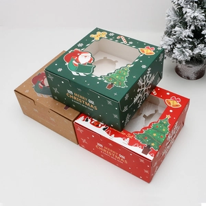 Christmas cupcake gift boxes with windows featuring festive Santa and tree patterns