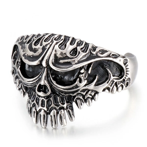 Gothic punk style skull ring in silver and black stainless steel with vintage finish