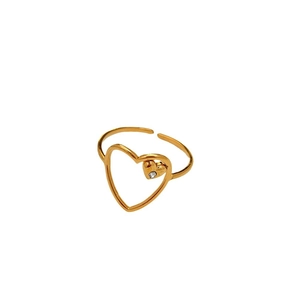 Minimalist golden stainless steel open ring with hollow double heart design and rhinestone