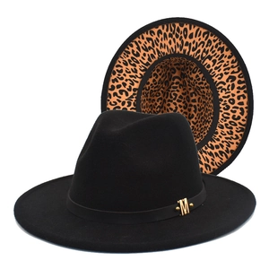 Women Vintage British Style Wide Brim Fedora Hat Woolen Felt With Leopard Print Lining And Metal M Buckle Jazz Cap