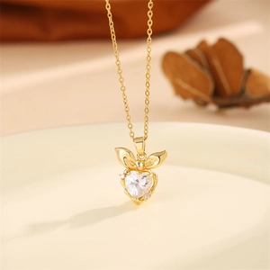 18K gold heart necklace with white zircon and bow pendant on a delicate chain