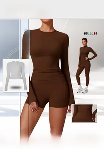 Detailed view of high-elasticity dark coffee yoga set with durable four-needle six-thread seams