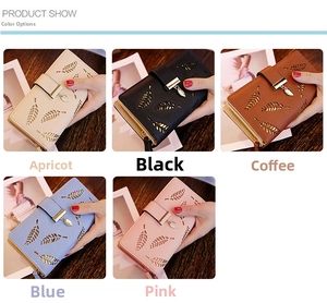 Detail view of fashion long wallets for women with leaf cutout and metal leaf pendant