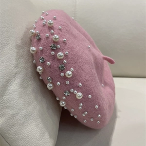 Pink wool beret with elegant pearls and sparkling rhinestones for women and kids