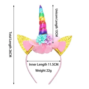 Regenbogen Einhorn Haarreif mit goldenen Paillettenohren und Seidenblumen
