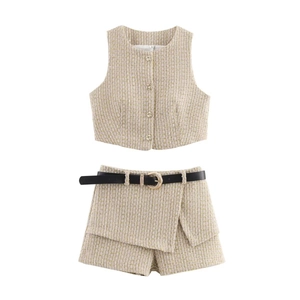 Women's 2-piece beige tweed set featuring sleeveless crop top and skort with belt