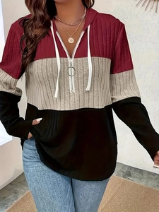 Women's color-block half-zip hoodie in ribbed knit fabric with drawstring and pockets
