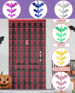 Detail of colorful Halloween tinsel fringe curtains with spooky bat shape patterns