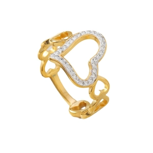 Polished gold heart cutout ring with pavé crystals and dainty openwork band
