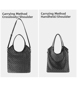 Detail showing black rhinestone tote bag with adjustable shoulder strap and hand carry options