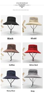 Outdoor sun hats set in six colors showing breathable mesh and adjustable chin straps