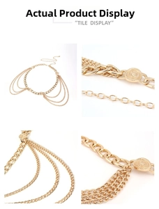 Close-up detail of multi-layer golden metal waist chain with embossed charms and layered links