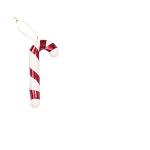 Set of 6 red and white candy cane Christmas tree ornaments with golden strings on white background