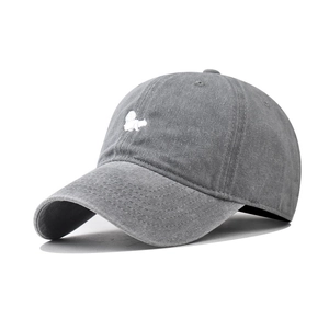 Detail of cute squirrel embroidery on grey washed cotton vintage baseball cap