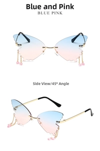 Detail of rimless butterfly sunglasses with blue pink gradient lenses and metal tassels
