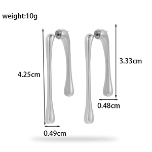 Minimalist liquid metal style long irregular U-shaped drop earrings in polished steel