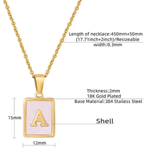 18K gold plated stainless steel necklace with pink shell square letter A pendant