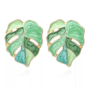 Exaggerated hollow leaf earrings with green and blue marble oil drop finish in gold metal