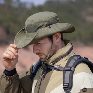 Chapeau de soleil homme à large bord vert armée avec maille respirante pour randonnée