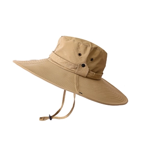 Khaki wide brim sun hat with adjustable chin strap and breathable eyelets for hiking