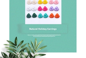 Close-up of nine-color geometric woven stud earrings in a natural holiday style palette