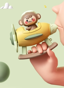 Hand holding yellow toy airplane with cute monkey pilot and green propellers