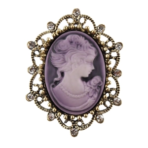 Vintage Victorian cameo brooch with purple lady relief and rhinestones in gold setting