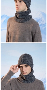 Close-up of winter knitted beanie and neck warmer set with grey marl texture and logo