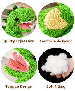 Detail of green knitted dinosaur plush featuring woven texture and soft cotton filling