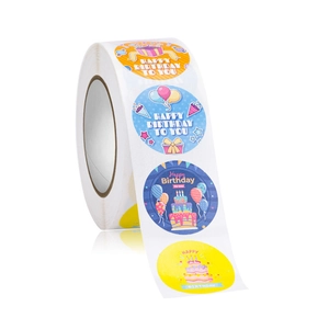 Roll of colorful round Happy Birthday stickers for gift wrapping and party decoration