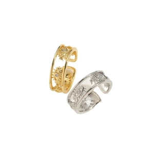 Gold and silver evil eye open rings with sunburst pattern and clear zircon stones