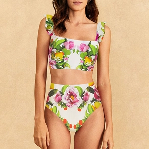 Floral and lemon print high waisted bikini set with ruffled straps and white base