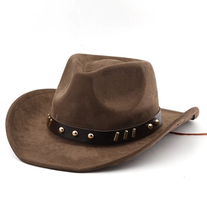 Brown western cowboy felt hat with leather studded belt and chin strap on white background