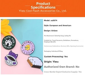Detail view of cartoon cat enamel pins set with butterfly clutch and zinc alloy finish